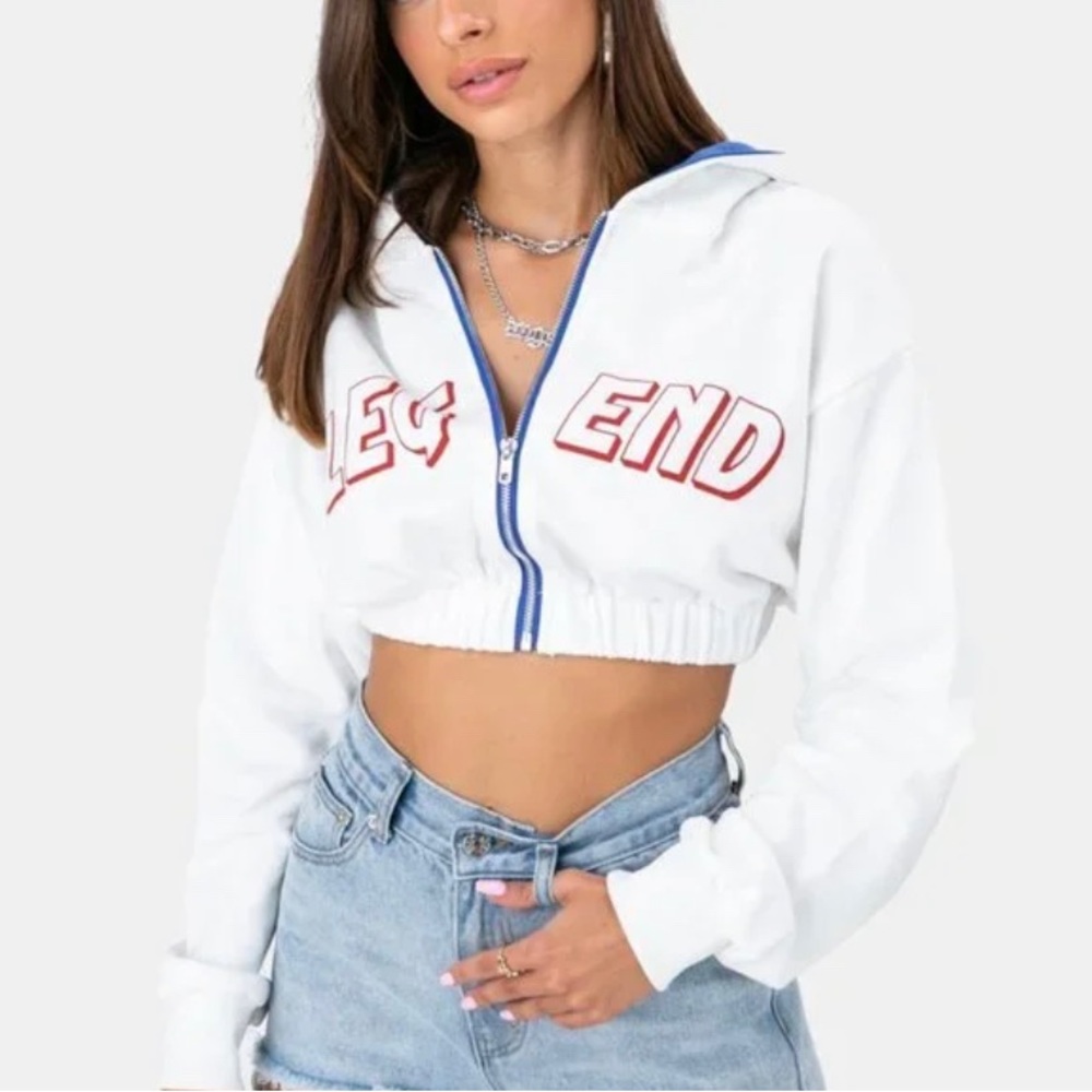 Adika “Legend” cropped zip up sweater in white